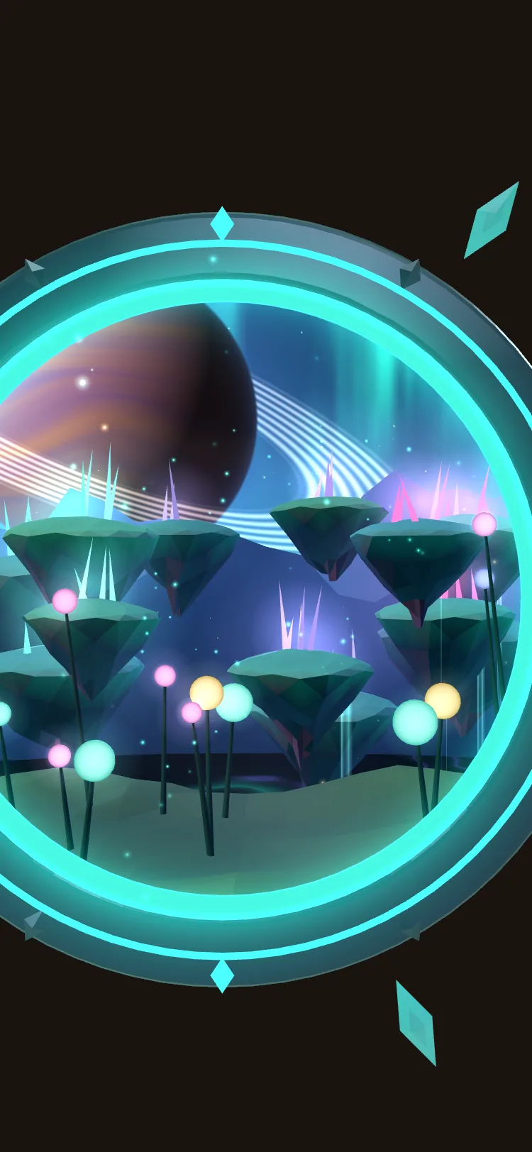 The prototype on a phone in AR: a ring-shaped window onto floating islands and glowing plants