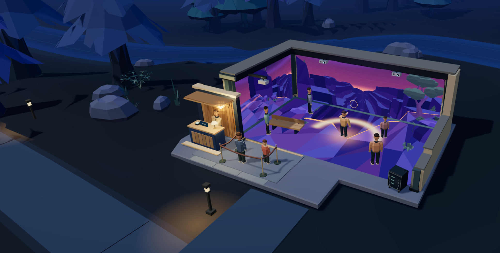 Illustrative twilight pavilion with a violet canyon projected across its walls and floor