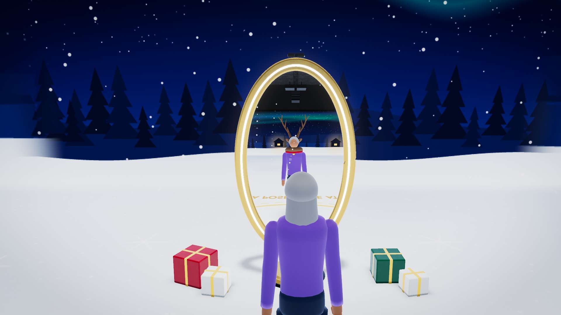 A guest watches herself in a tall gold mirror, wearing a reindeer costume, in a snowy holiday pop-up