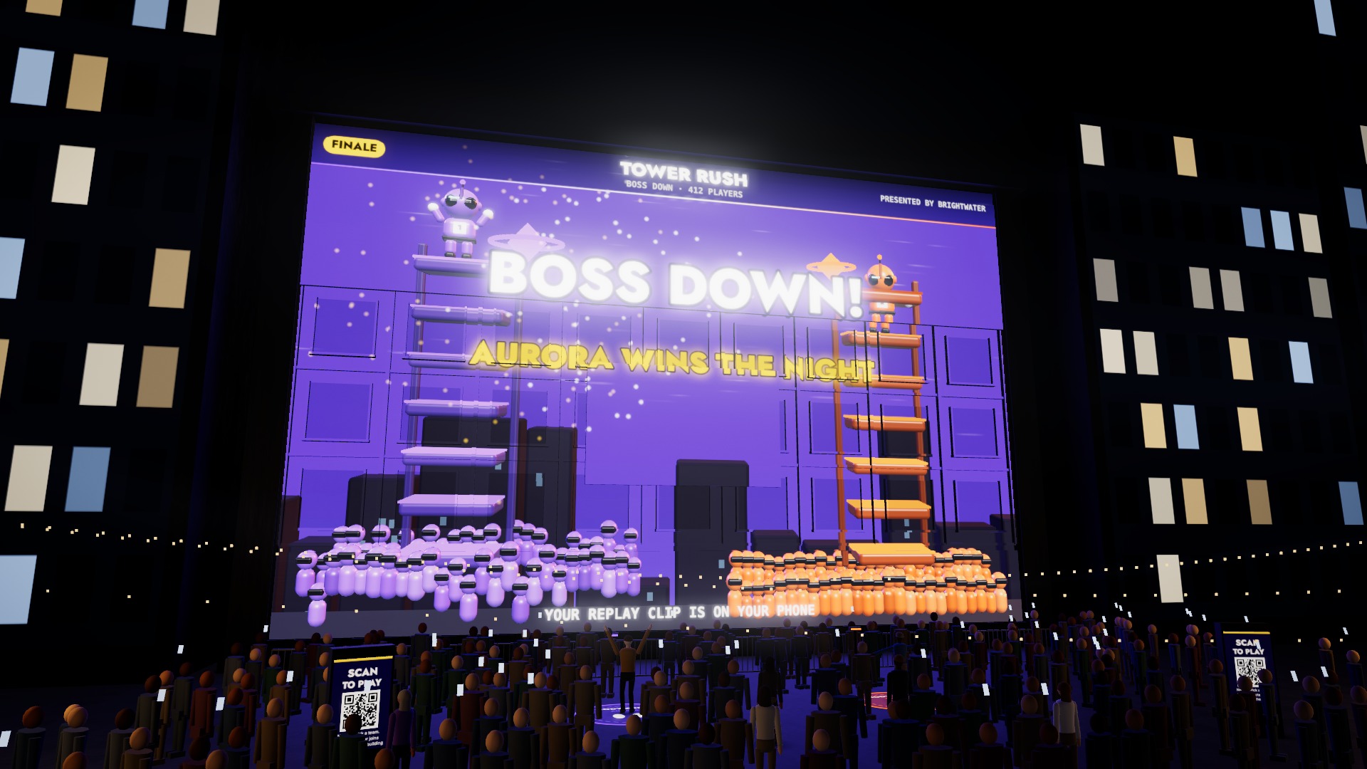 Illustrative 3D scene for Game on the Building; proposed creative, not a photograph of a delivered installation