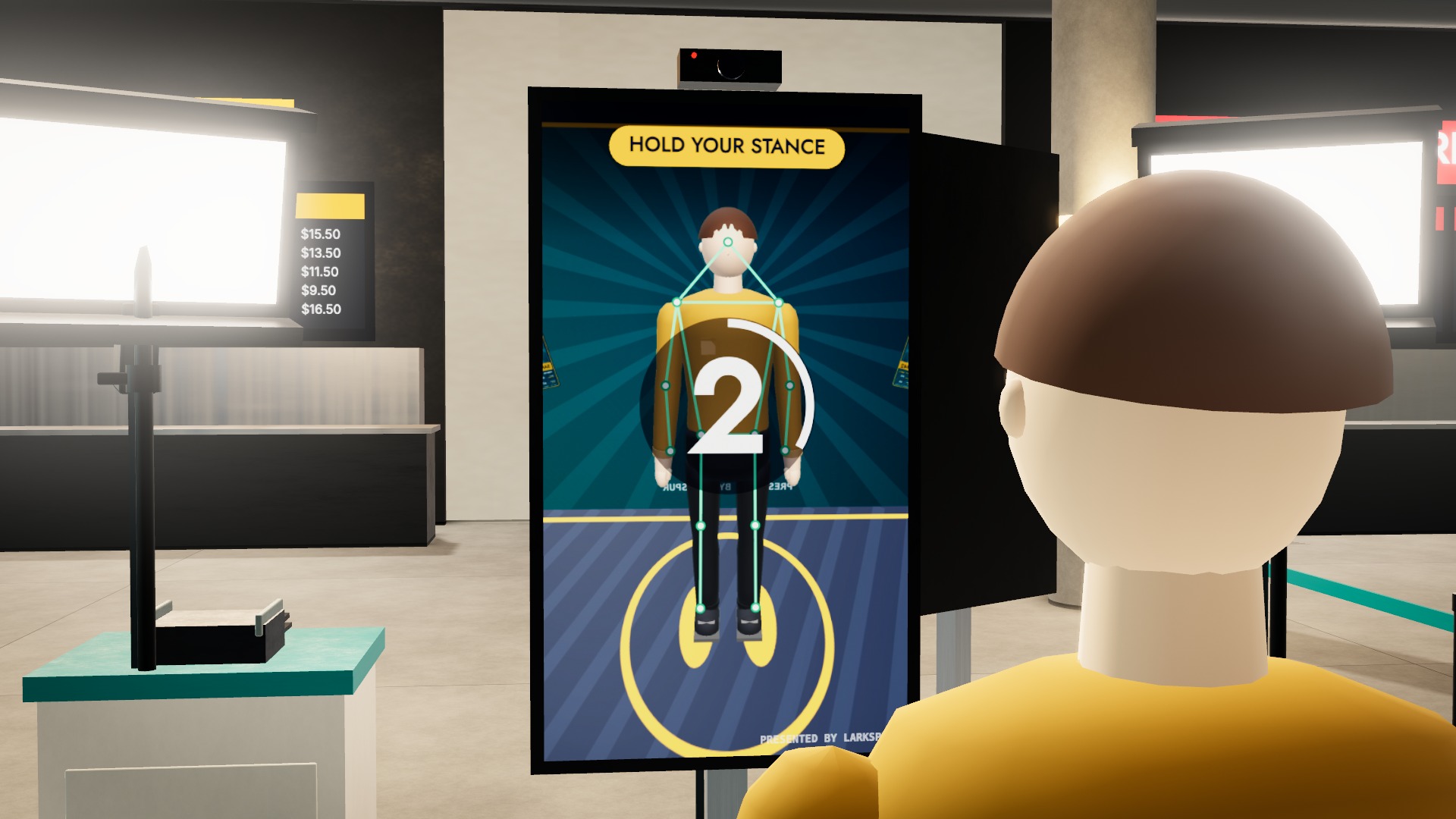 Illustrative 3D scene for Roster card booth; proposed creative, not a photograph of a delivered installation
